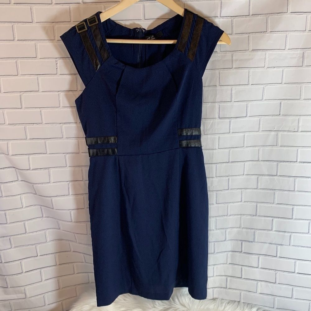 C Luce‎ Blue Dress Black Leather Trim Sz S